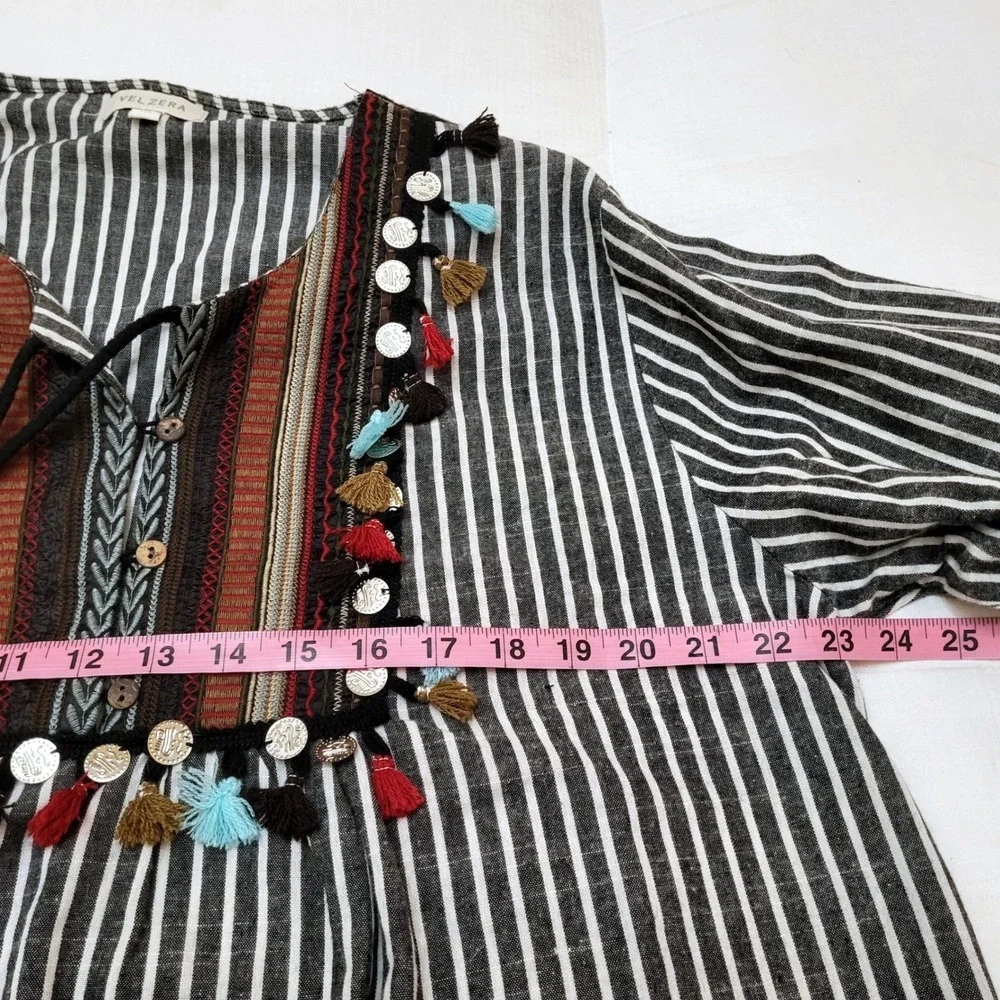 Velzera Gray Stripe Embroidered Boho Middle Eastern Tassel Tunic Dress Plus 1X